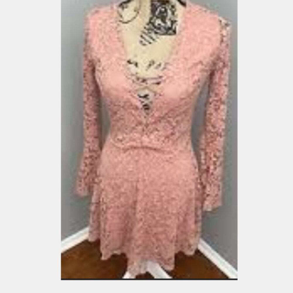 Ambiance Women's Mauve Lace Long Sleeve Short Fit And Flare Dress, Size Large